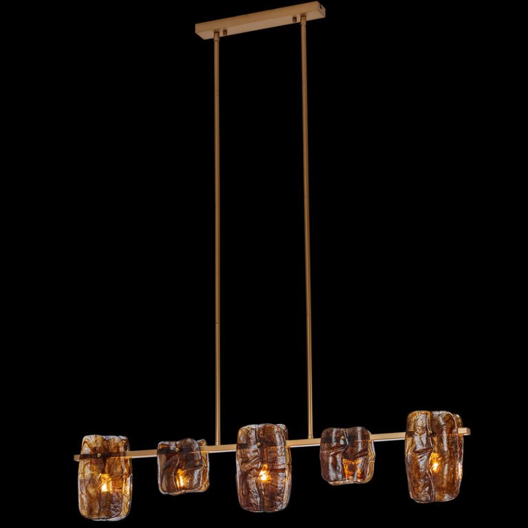X9522C/5 Modern Luxury Chandelier - Gold Metal Frame, 5 Textured Amber Glass Shades. Adjustable Suspension Rods. Warm Ambient Lighting for Dining Room/Kitchen Island